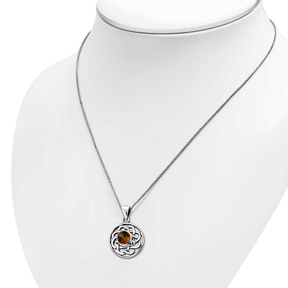 Baltic Amber Round Celtic Knot Silver Pendant
