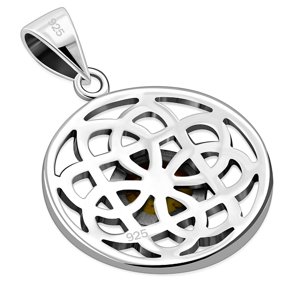 Baltic Amber Round Celtic Knot Silver Pendant