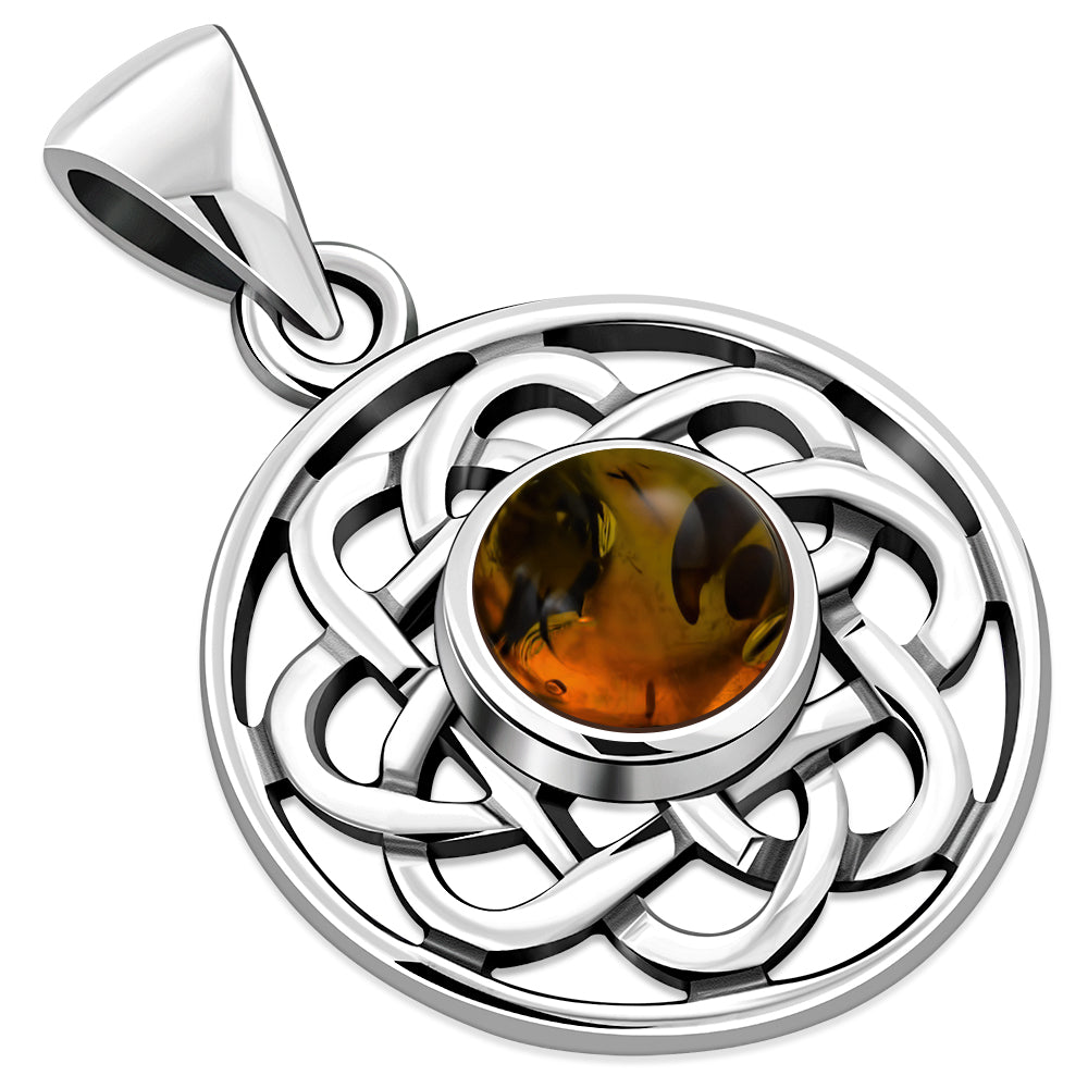 Baltic Amber Round Celtic Knot Silver Pendant