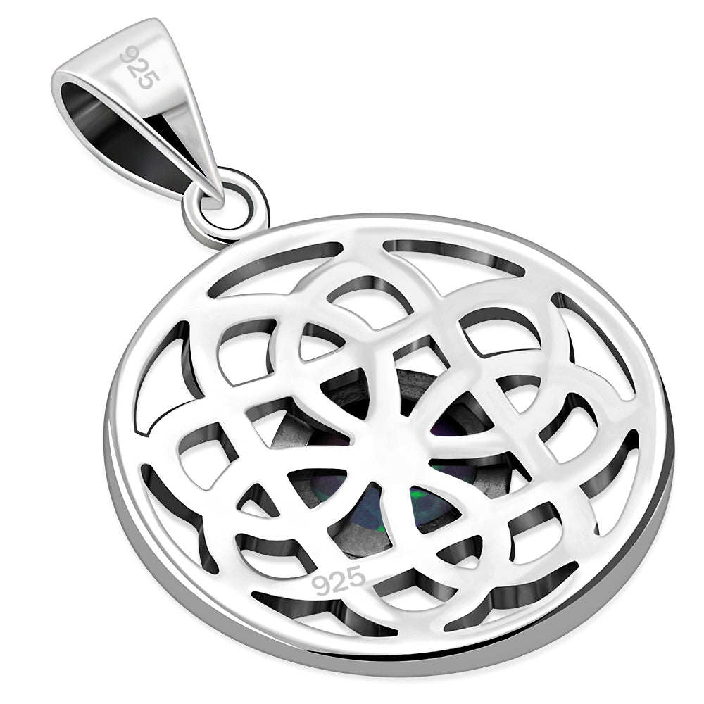 Synthetic Blue Opal Round Celtic Knot Silver Pendant