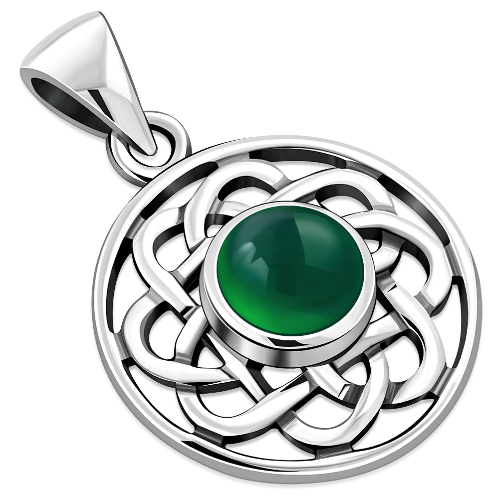 Green Agate Round Celtic Knot Silver Pendant