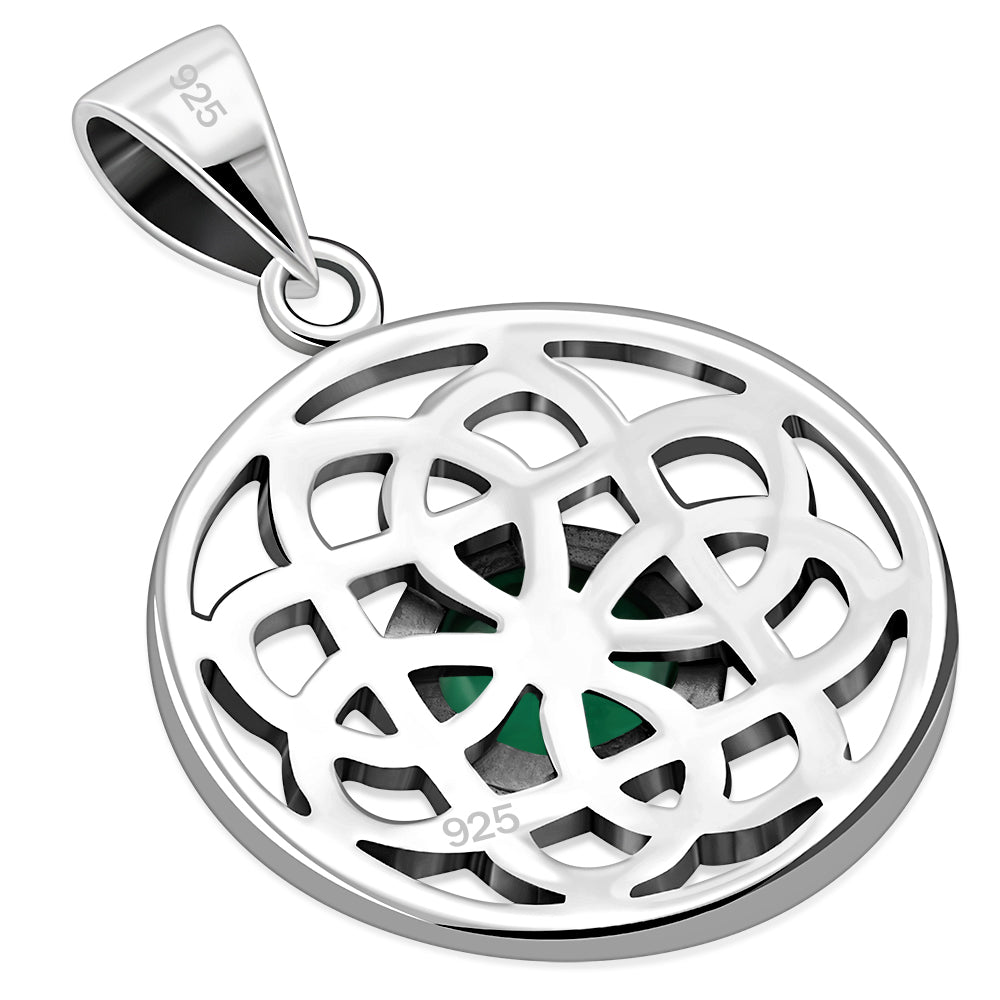 Green Agate Round Celtic Knot Silver Pendant