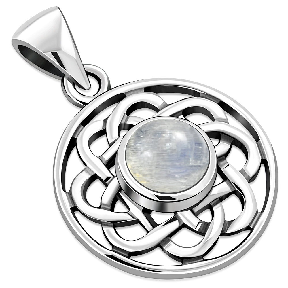 Rainbow Moon Stone Celtic Round Silver Pendant