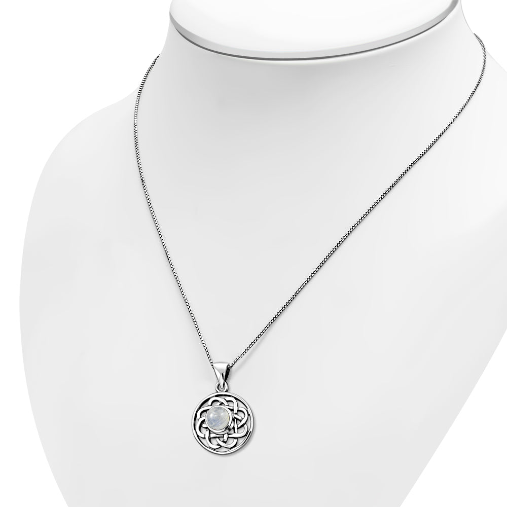 Rainbow Moon Stone Celtic Round Silver Pendant