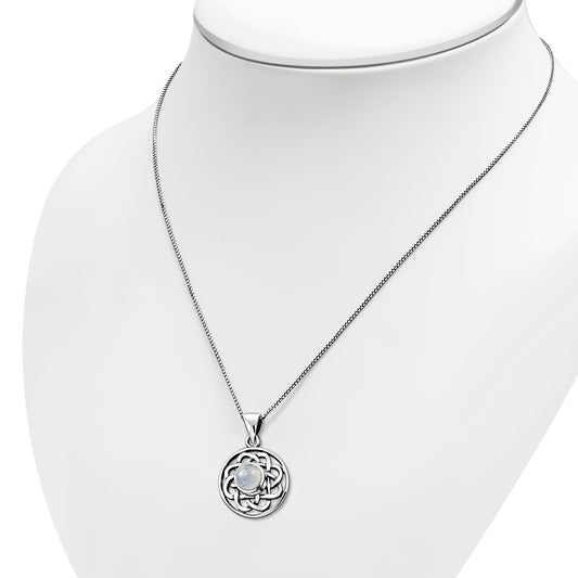 Rainbow Moon Stone Celtic Round Silver Pendant