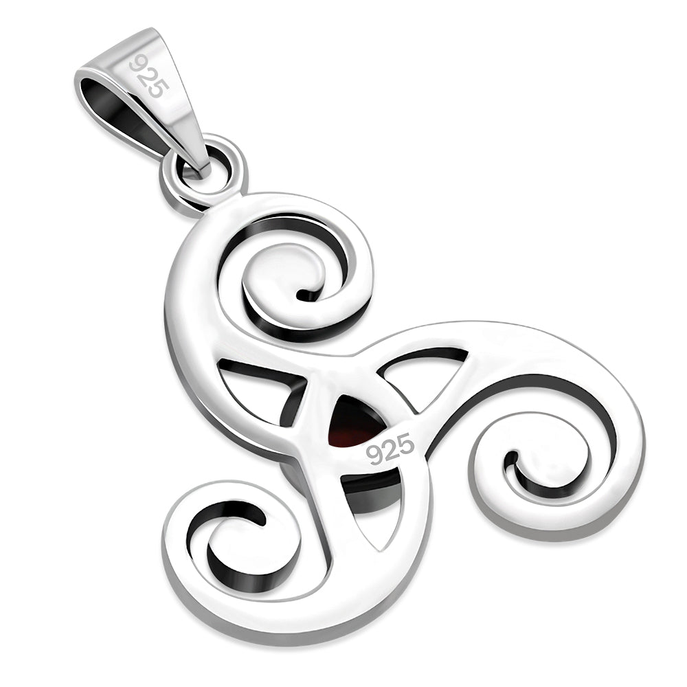 Triskele Triple Spiral Silver Pendant set w/ Garnet