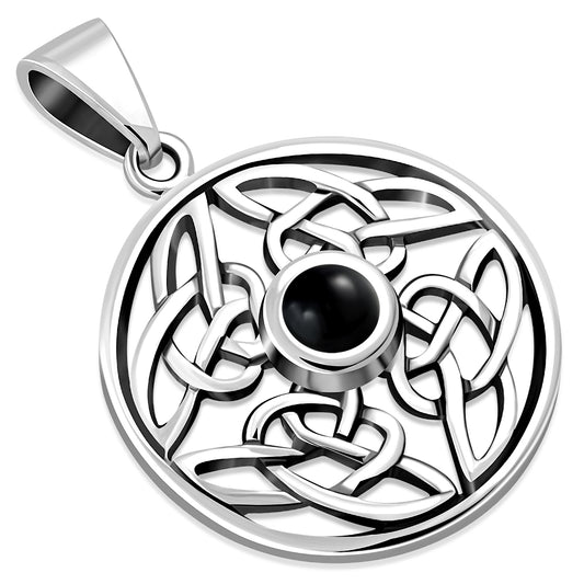 Round Black Onyx Celtic Knot Silver Pendant