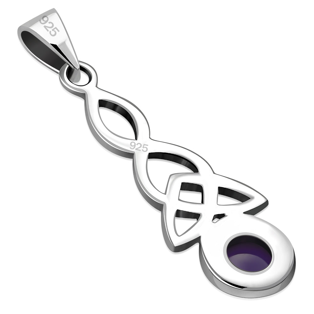 Long Amethyst Stone Celtic Trinity Knot Silver Pendant
