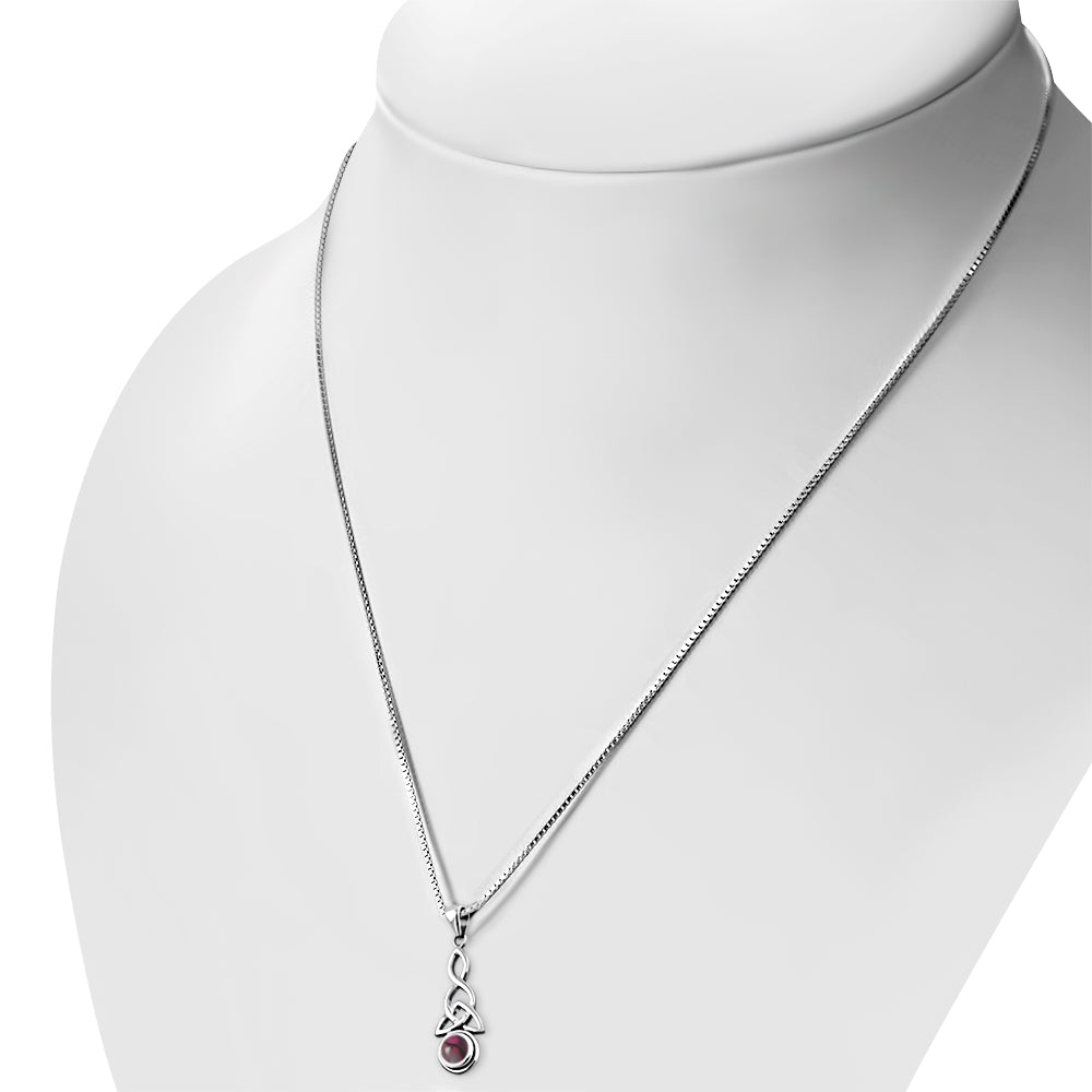 Long Garnet Celtic Trinity Knot Silver Pendant