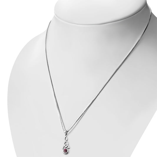 Long Garnet Celtic Trinity Knot Silver Pendant