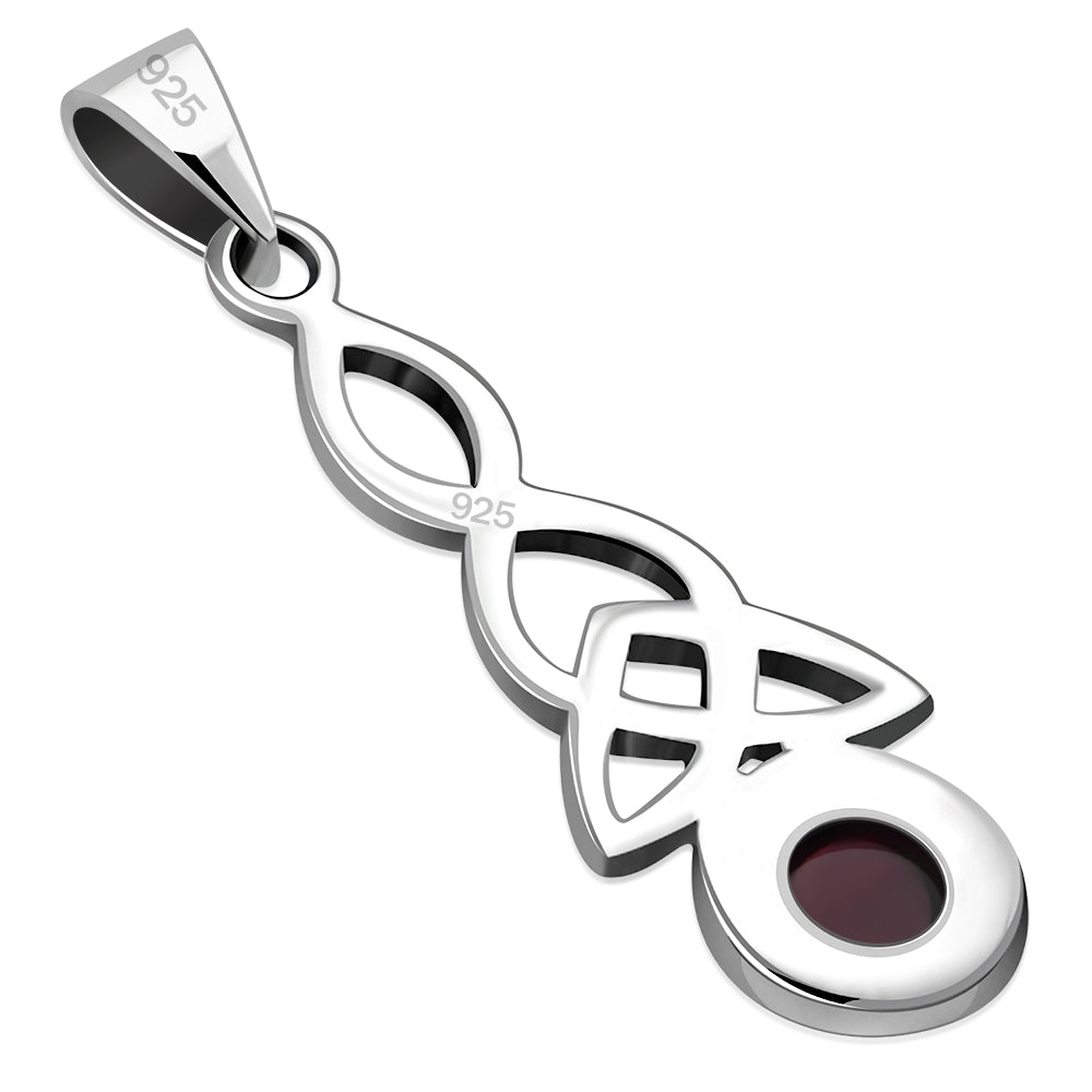 Long Garnet Celtic Trinity Knot Silver Pendant