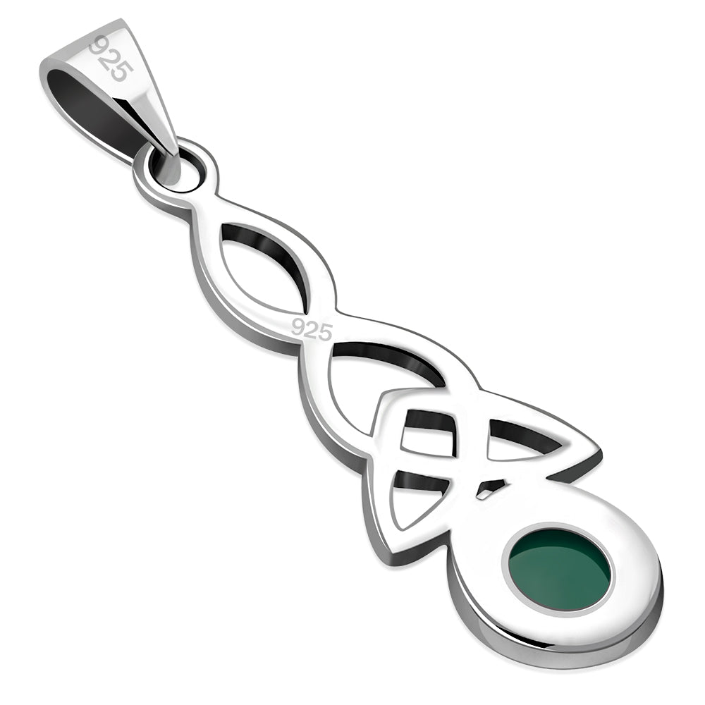 Long Green Agate Celtic Trinity Knot Silver Pendant
