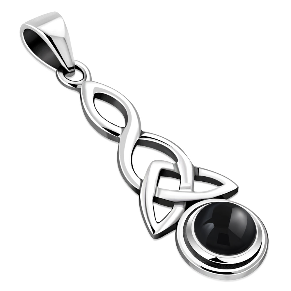 Long Black Onyx Celtic Trinity Knot Silver Pendant