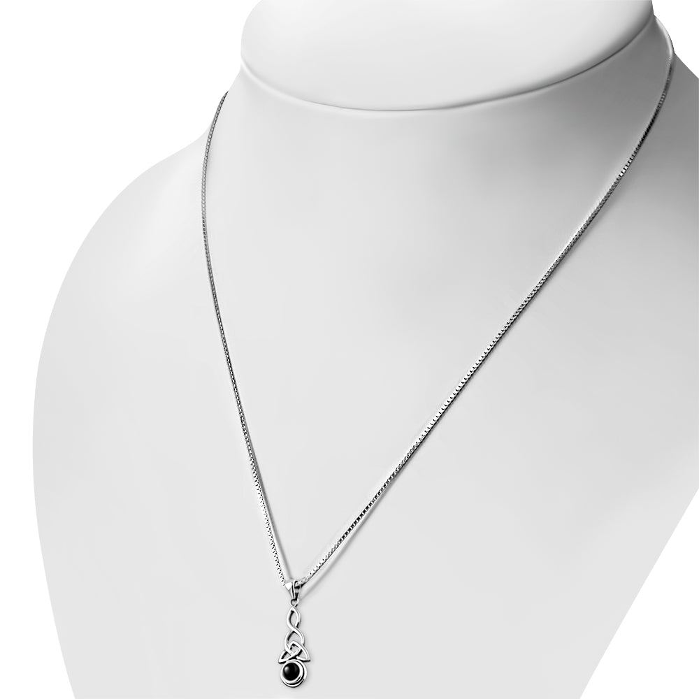 Long Black Onyx Celtic Trinity Knot Silver Pendant