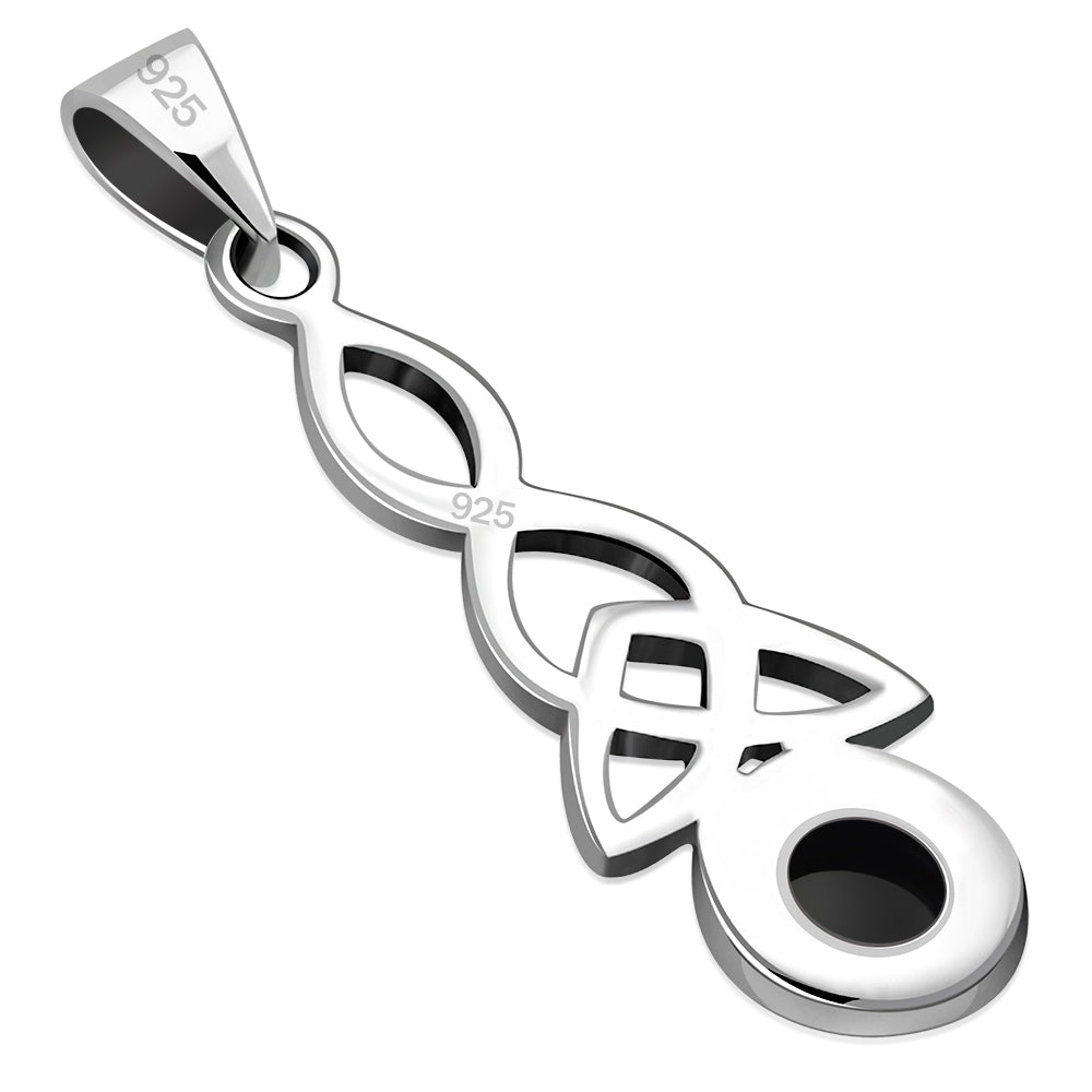 Long Black Onyx Celtic Trinity Knot Silver Pendant
