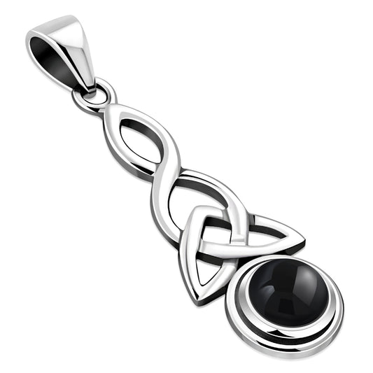 Long Black Onyx Celtic Trinity Knot Silver Pendant