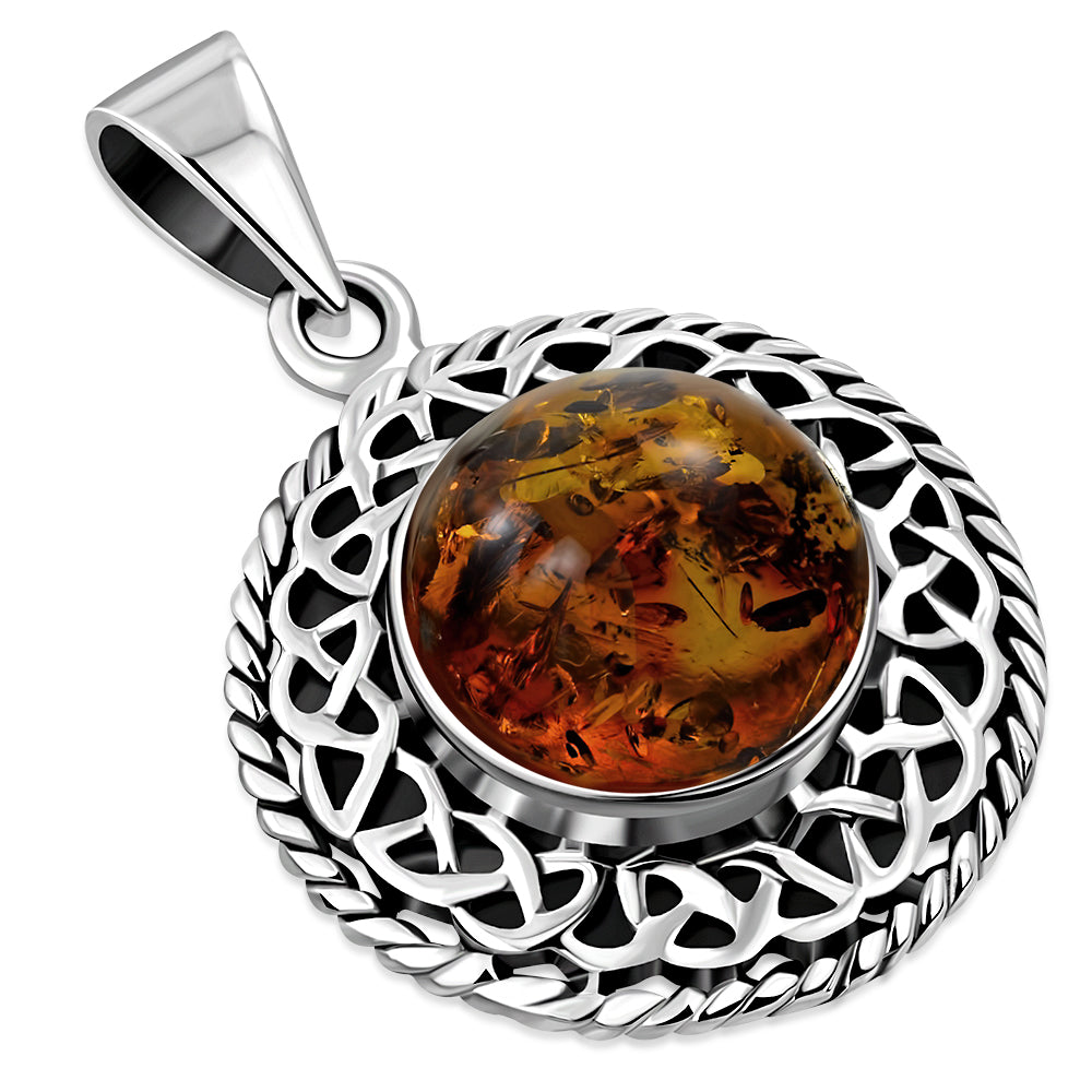 Round Baltic Amber Celtic Knot Silver Pendant