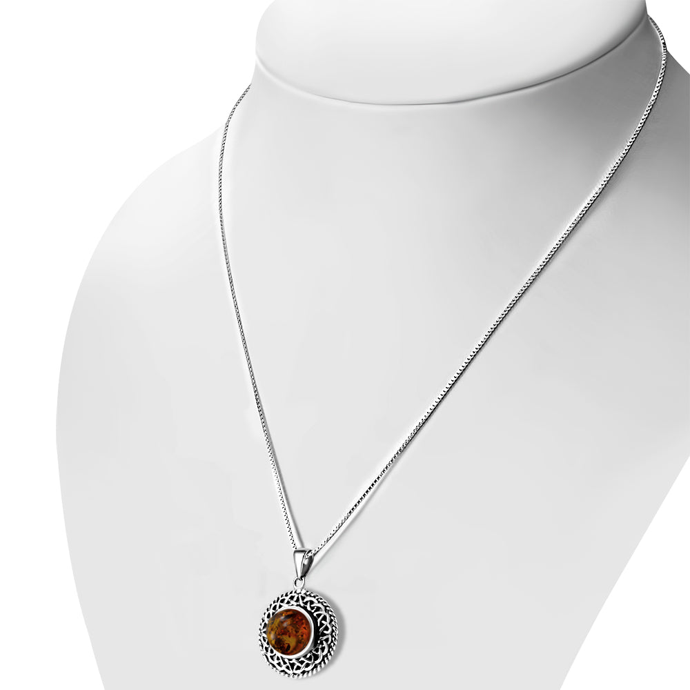 Round Baltic Amber Celtic Knot Silver Pendant