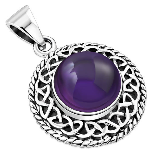 Round Amethyst Stone Celtic Knot Silver Pendant