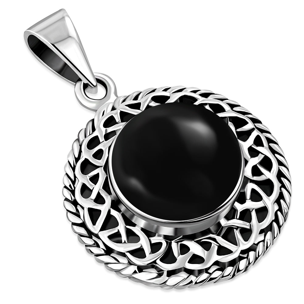 Round Black Onyx Celtic Knot Silver Pendant