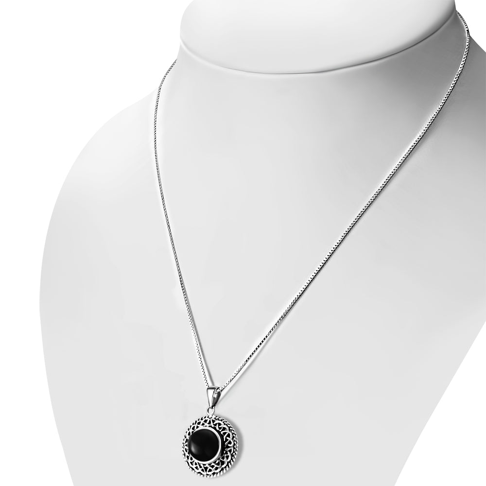 Round Black Onyx Celtic Knot Silver Pendant