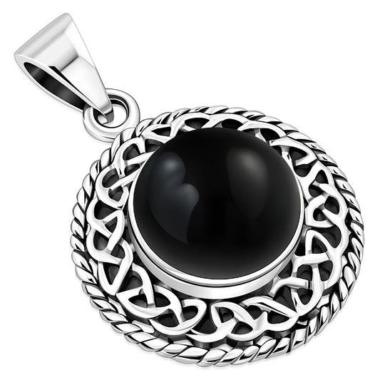 Round Black Onyx Celtic Knot Silver Pendant