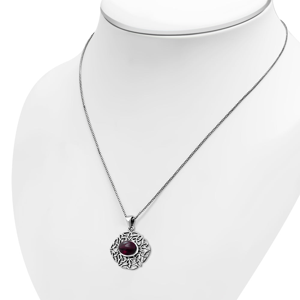 Garnet Stone Trinity Knots Silver Pendant