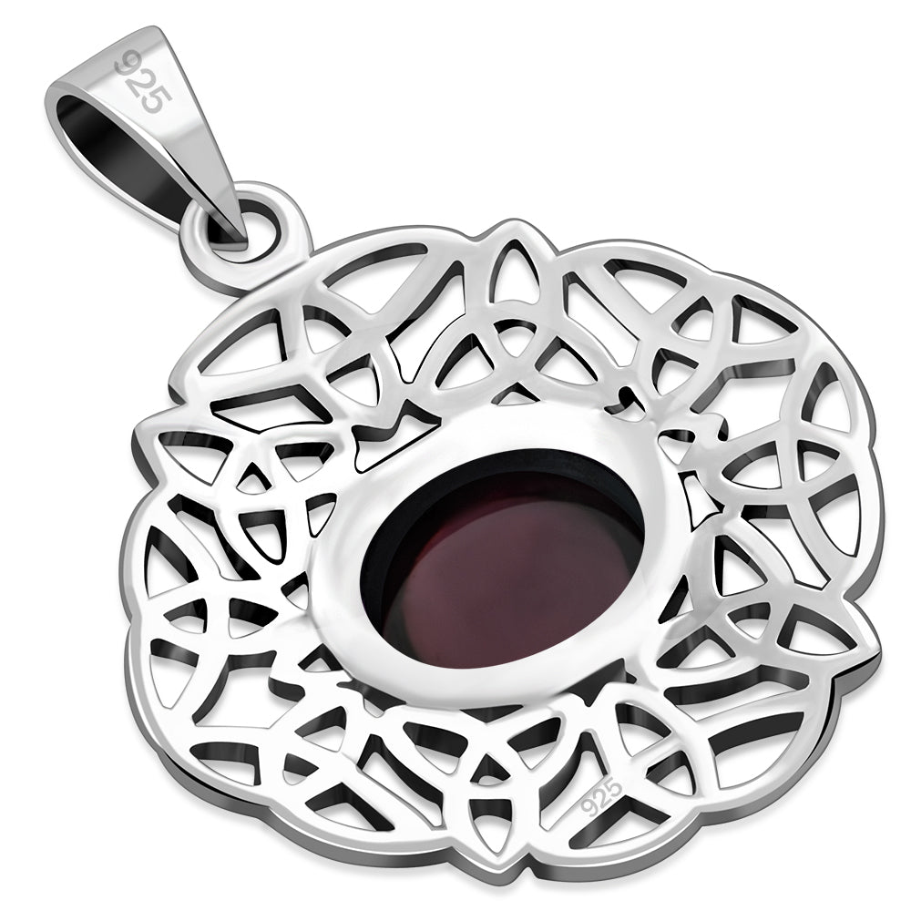Garnet Stone Trinity Knots Silver Pendant
