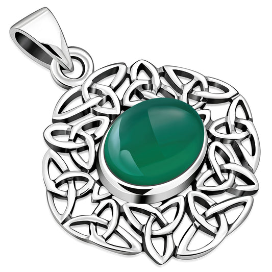 Green Agate Trinity Knots Silver Pendant