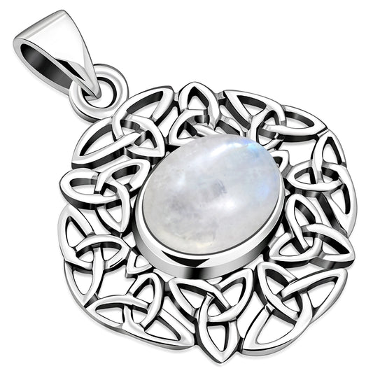 Rainbow Moonstone Trinity Knots Silver Pendant