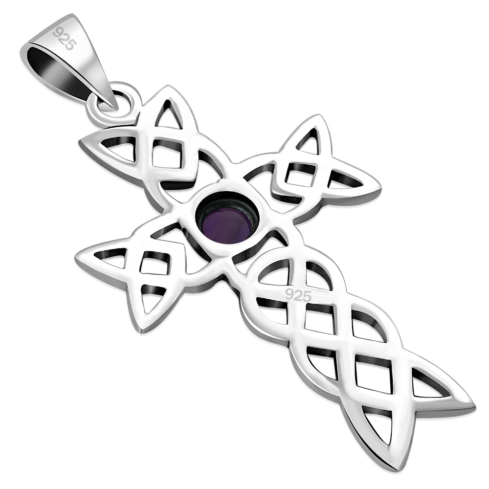 Amethyst Stone Cross Celtic Knot Silver Pendant