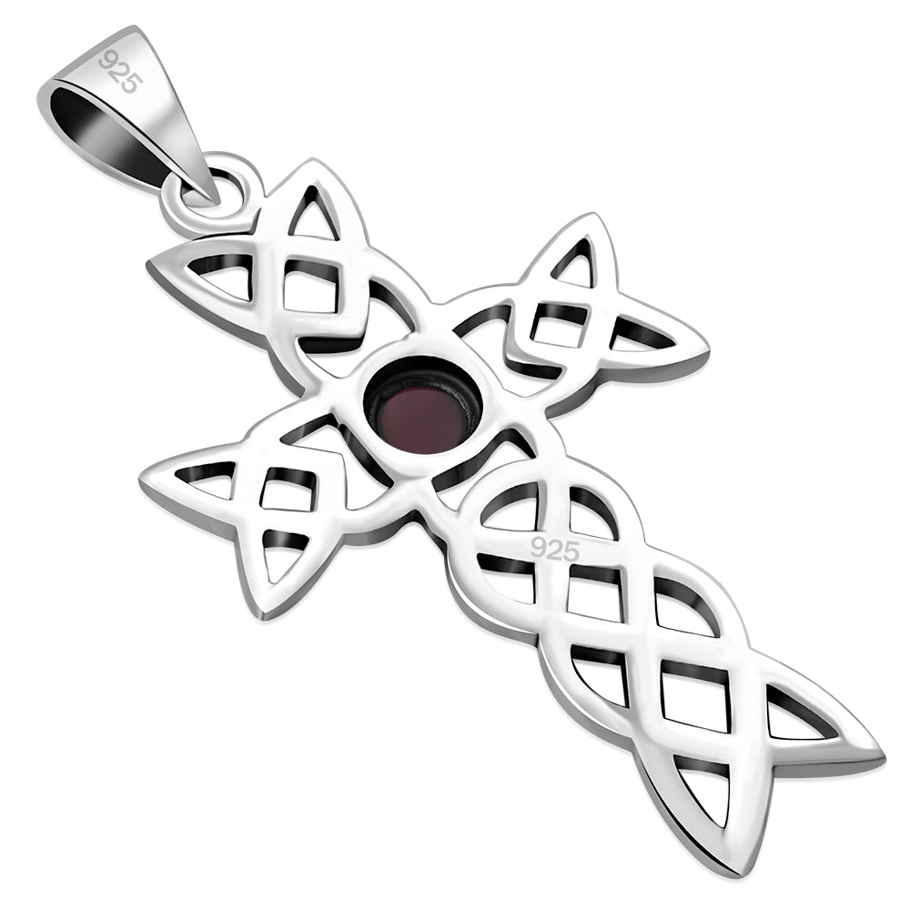 Garnet Stone Cross Celtic Knot Silver Pendant