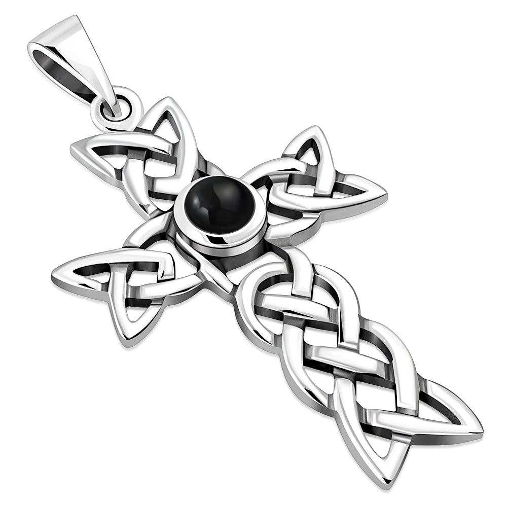 Black Onyx Celtic Knot Cross Silver Pendant