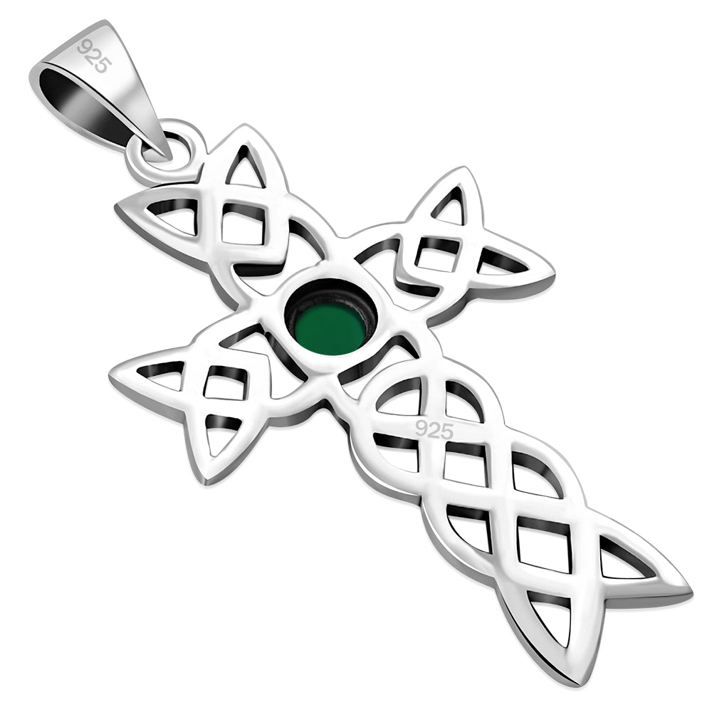 Green Agate Cross Celtic Knot Silver Pendant