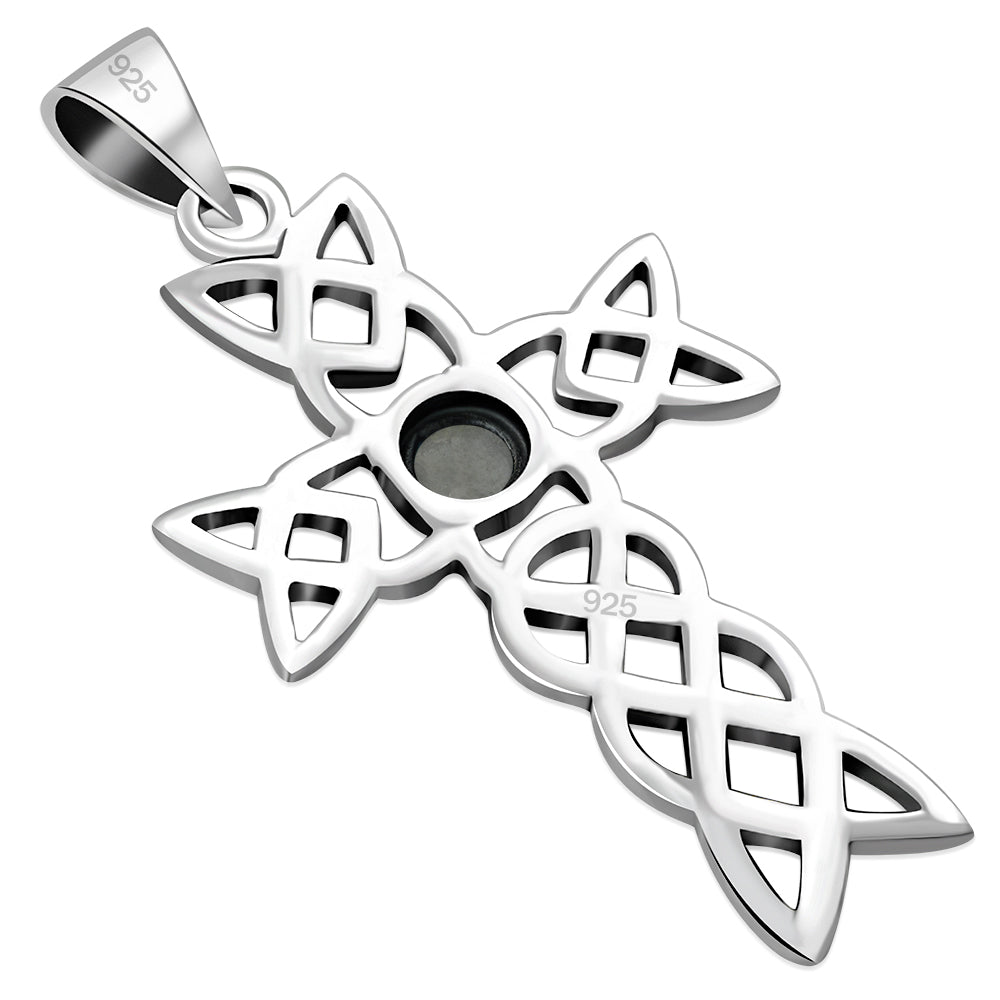 Rainbow Moonstone Cross Celtic Knot Silver Pendant