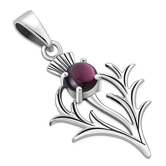 Small Silver Scottish Thistle Pendant set w/ Garnet