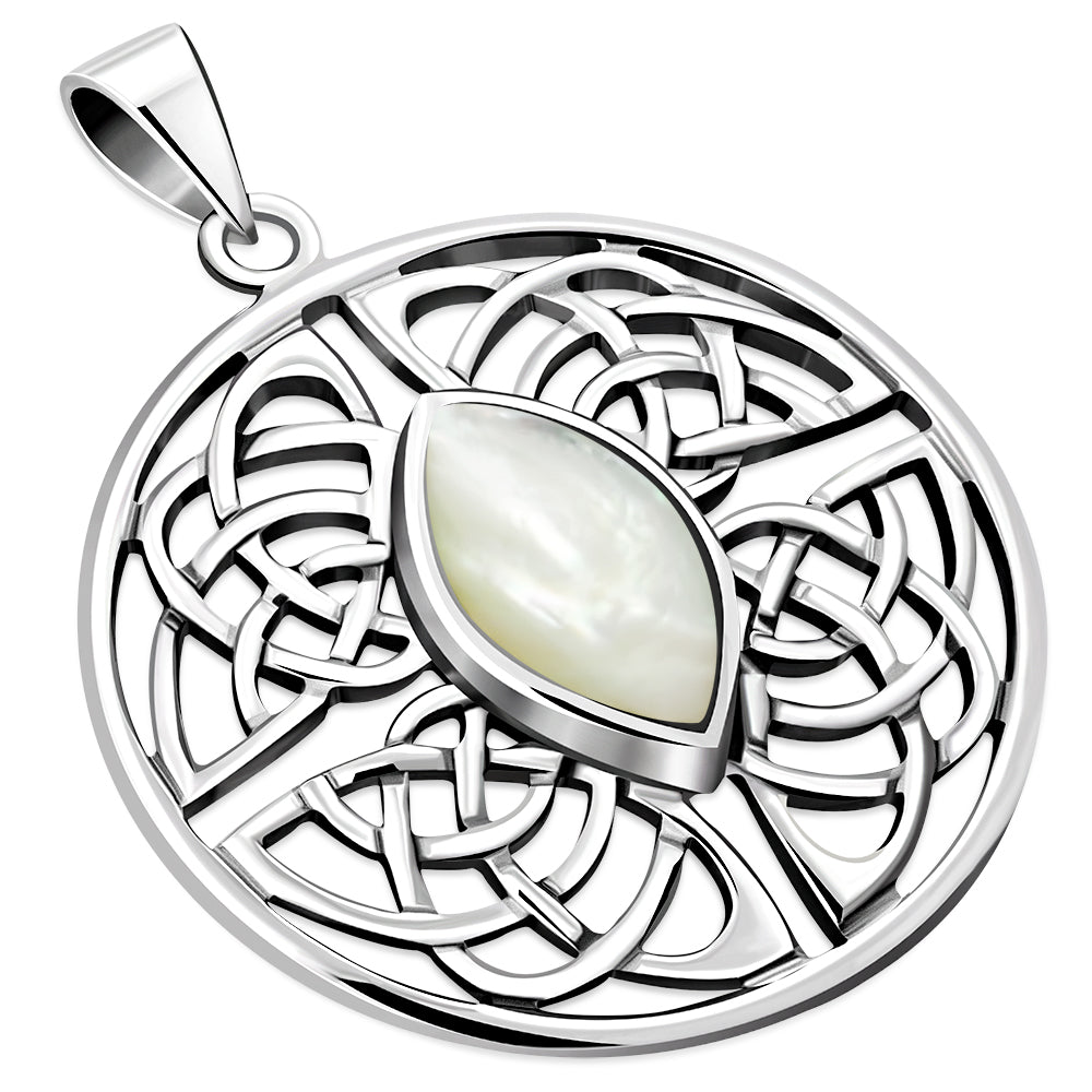 Large Round Celtic Silver Pendant w/ Mother of Pearl
