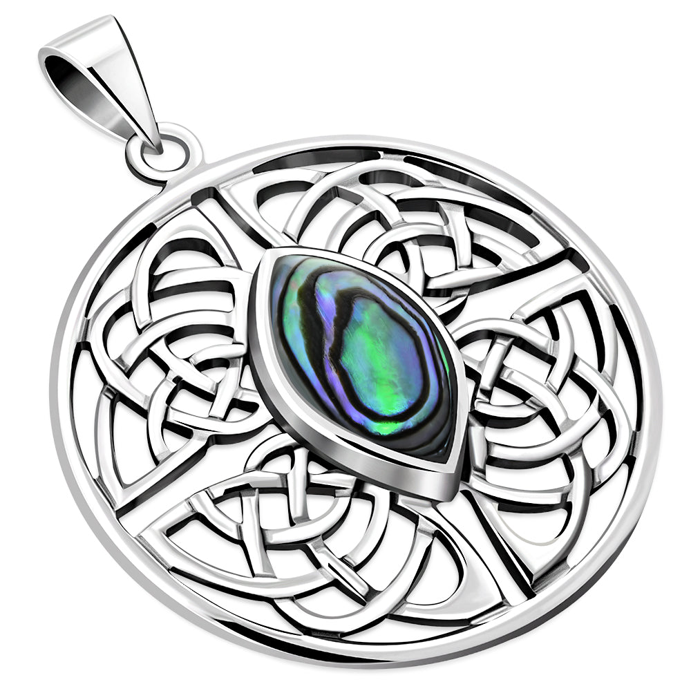 Large Round Celtic Silver Pendant w/ Abalone Shell
