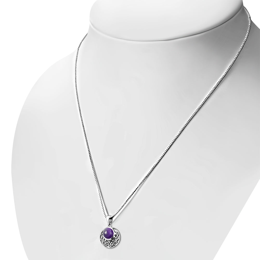 Amethyst Stone Round Celtic Knot Silver Pendant