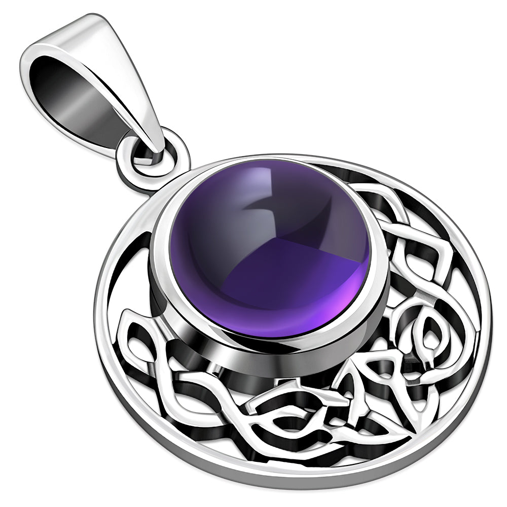 Amethyst Stone Round Celtic Knot Silver Pendant