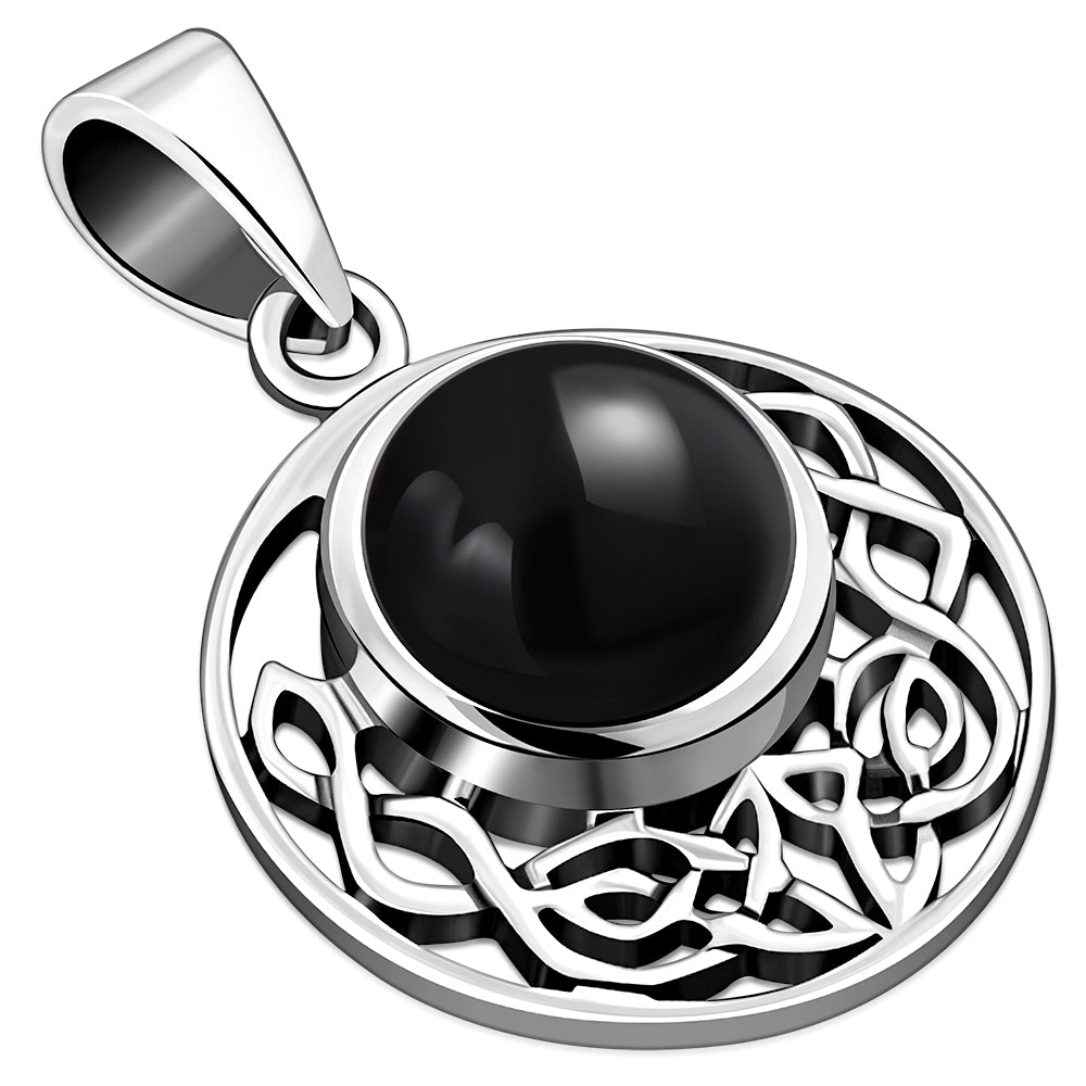 Black Onyx Round Celtic Knot Silver Pendant