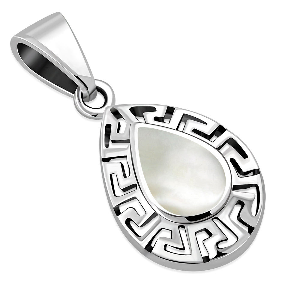 Mother of Pearl Drop Greek Key Silver Pendant