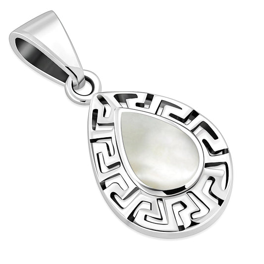 Mother of Pearl Drop Greek Key Silver Pendant