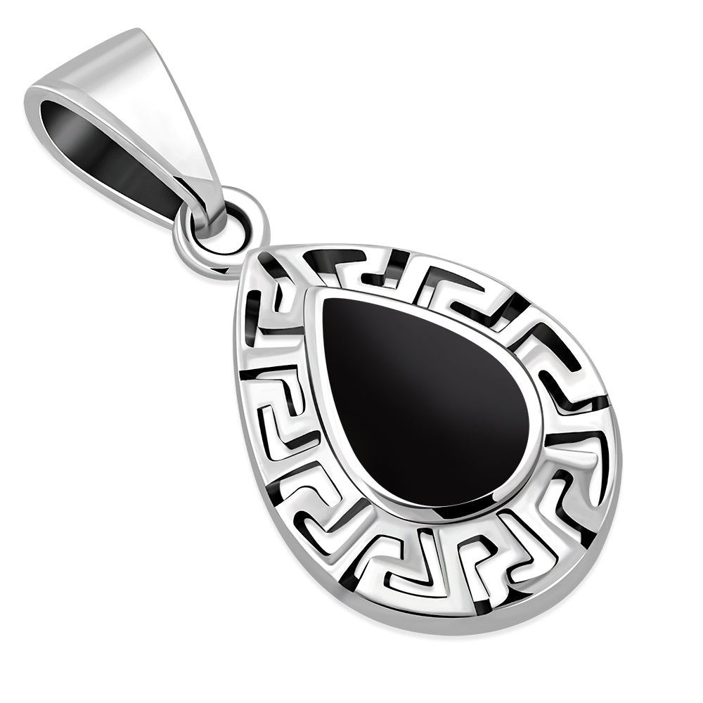 Black Onyx Drop Greek Key Silver Pendant