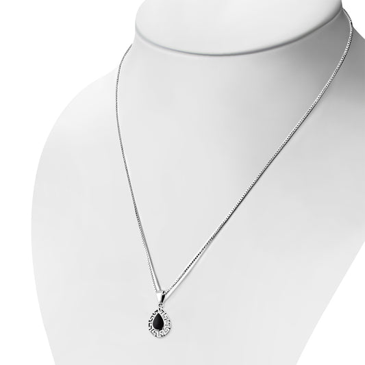 Black Onyx Drop Greek Key Silver Pendant