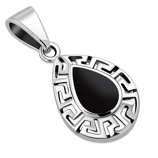 Black Onyx Drop Greek Key Silver Pendant
