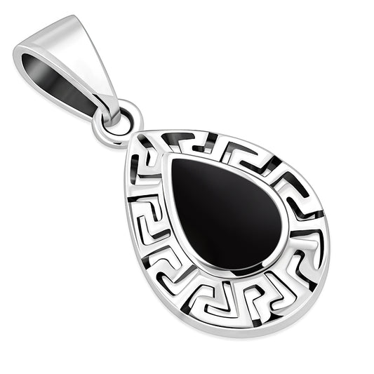 Black Onyx Drop Greek Key Silver Pendant
