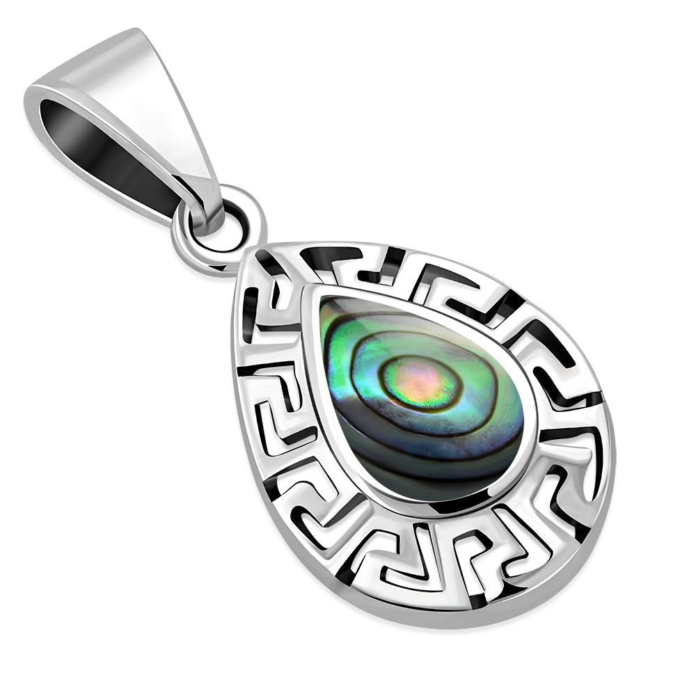 Abalone Shell Drop Greek Key Silver Pendant