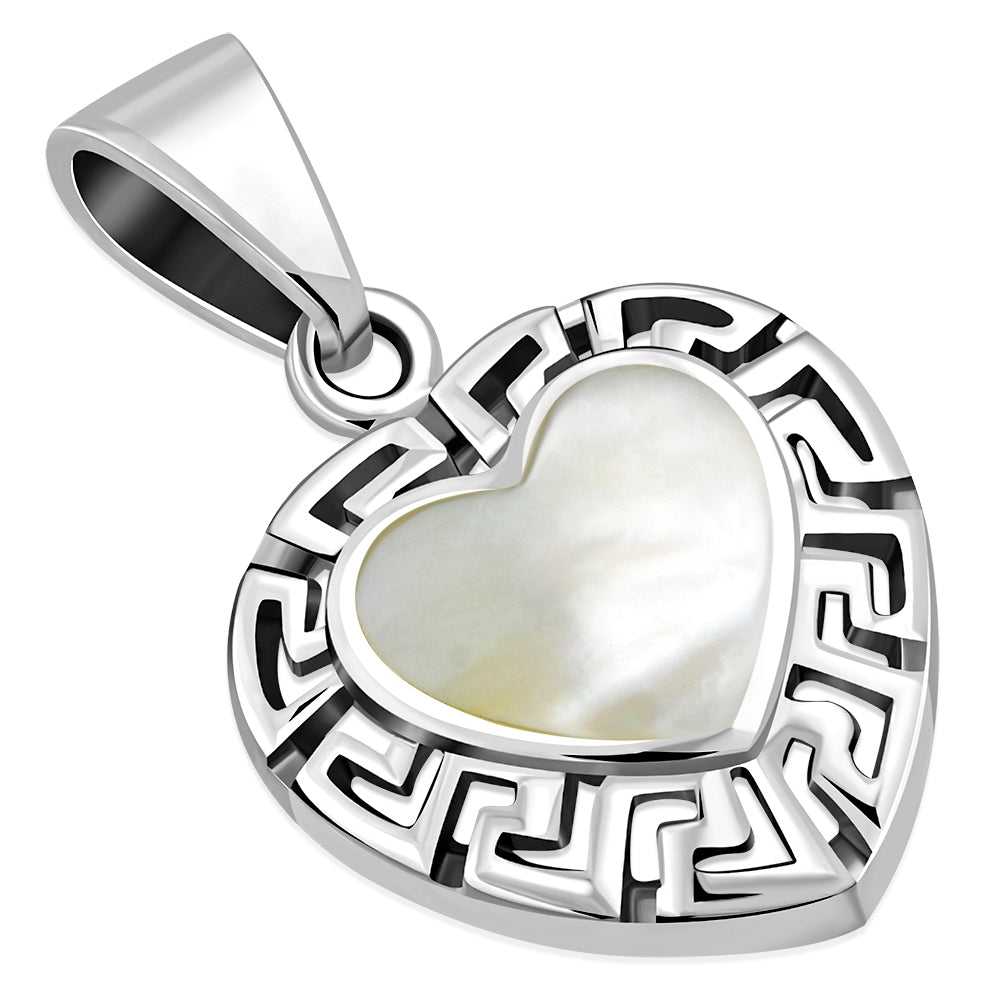Mother of Pearl Heart Greek Key Silver Pendant