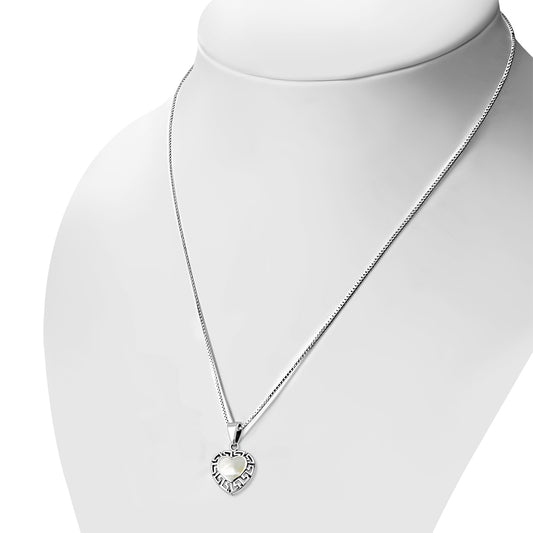 Mother of Pearl Heart Greek Key Silver Pendant